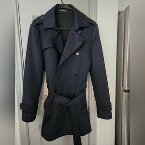 Zara Man Navy Trench Coat with Belted Waist and Wide Lapels